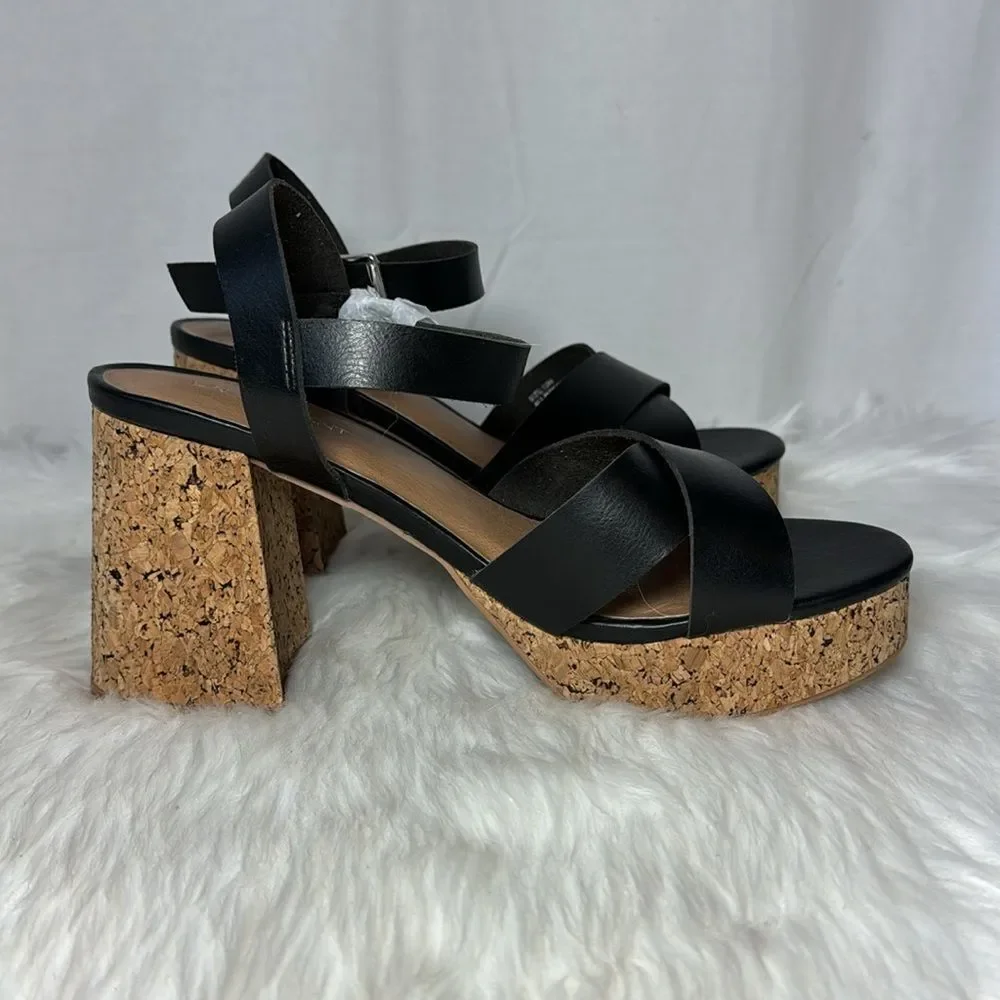 Lane Bryant NWT Dream Cloud Black‎ Faux Leather Cork Platform Heels Sz 10 WIDE